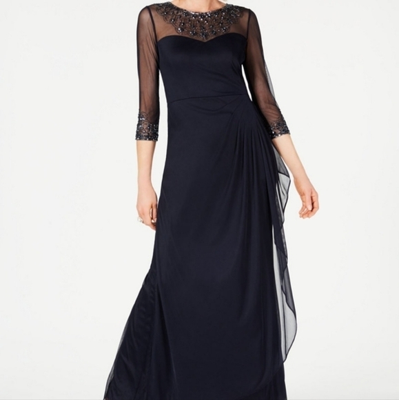ALEX EVENINGS Women's Illusion Embellished A-Line Gown Size 10P Navy - Picture 1 of 11